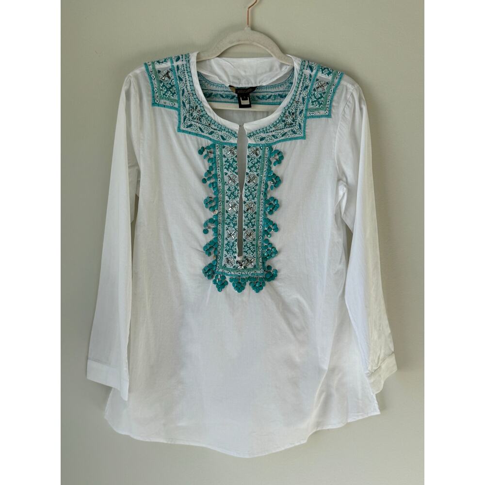 Roberto Cavalli Sz Small White Cotton Blue Exceptional Beading Tunic for Women!
